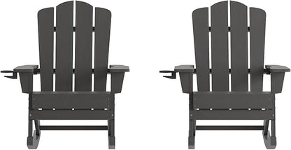 Flash Furniture Newport Adirondack Rocking Chairs with Cup Holder, Weather Resistant Poly Resin Adirondack Rocking Chairs, Set of 2, Gray