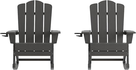 Flash Furniture Newport Adirondack Rocking Chairs with Cup Holder, Weather Resistant Poly Resin Adirondack Rocking Chairs, Set of 2, Gray