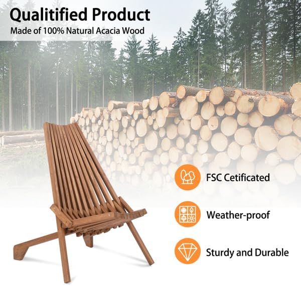 Generic Acacia Wood Folding Wooden Outdoor Chair -Stylish Low Profile Acacia Wood Lounge Chair for The Patio, Porch, Lawn, Garden or Home Furniture, Brown