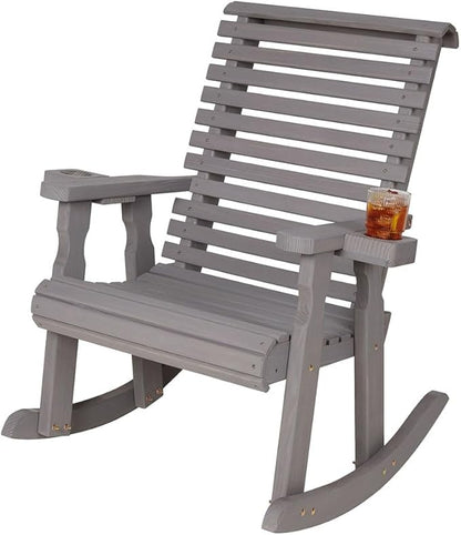 Amish Casual Heavy Duty 600 Lb Roll Back Pressure Treated Rocking Chair with Cupholders (Semi-Solid Grey Stain)
