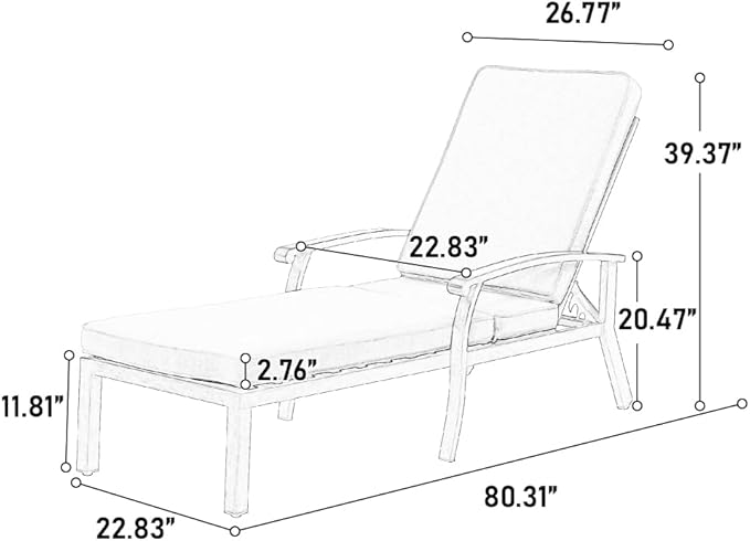 Chaise Lounge Chair Outdoor Cast Aluminum Reclining Lounger with Cushion, 5-Position Adjustable Backrest, Waterproof Padded Seat, Hidden Wheels, Elegant Poolside Garden Patio Seating (Beige)