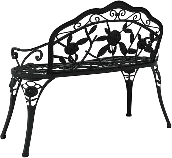 Traditional Cast Iron Garden Bench with Decorative Floral Inlays, 2-Person Seating, Sturdy Black Matte Finish for Patio, Park, and Outdoor Relaxation