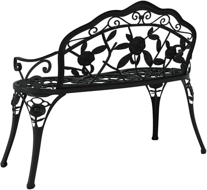 Traditional Cast Iron Garden Bench with Decorative Floral Inlays, Matte Black Finish for Patio and Park Seating, Sturdy Outdoor Bench for Two Persons, Easy to Maintain Metal