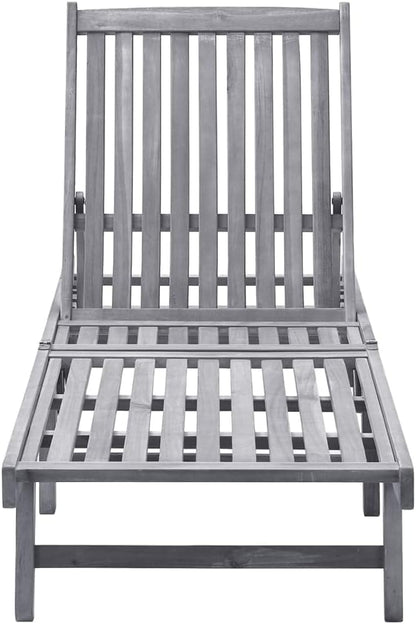 Adjustable Sun Lounger Outdoor Patio Furniture with Wheels, Solid Acacia Wood Grey Wash Finish, Standard Height-Adjustable Backrest for Garden, Poolside, and Balcony Relaxation