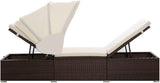 Outdoor Chaise Lounge 76.8" Brown Rattan Reclining Sun Lounger with Canopy & Cream Cushion for Patio Poolside Balcony - Photo 5