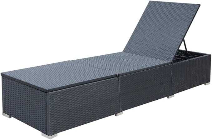 PE Rattan Sunlounger Outdoor Chaise Lounge 76.8x23.6x12.2in Steel Frame Adjustable Backrest Black with Blue Cushion for - Photo 8