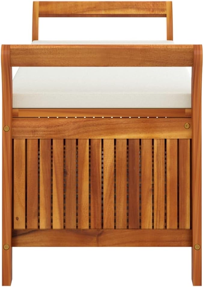 Cream White Outdoor Storage Bench with Seat Cushion, Solid Acacia Wood Garden Furniture for Patio Deck Porch, 49.6 Inch Long Comfortable Seating and Storage Solution for 2 People