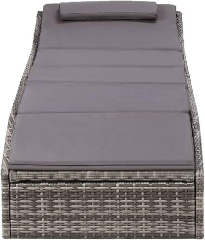 Outdoor Chaise Lounge Folding Grey Rattan Recliner 24.4 x 75.6 x 37.4 in Weather-Resistant Sun Lounger with Dark Grey Cushion for Patio Pool Garden Balcony