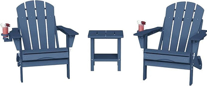 Adirondack Chair with Table Set,HDPE Plastic All Weather Fire Pit Chair with Cup Holder,3-Piece(Navy Blue, 2 Chair &1 Table)
