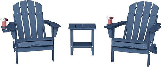 Adirondack Chair with Table Set,HDPE Plastic All Weather Fire Pit Chair with Cup Holder,3-Piece(Navy Blue, 2 Chair &1 Table)