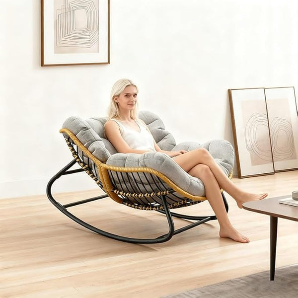 Oversized Rocking Chair, Outdoor/Indoor Patio Papasan Rocker with Thick Cushion - Photo 1