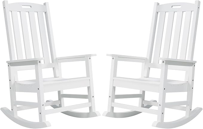 Psilvam Oversized Outdoor Rocking Chair Set of 2, Porch Rocker with 21" Wide Seat and 32" Tall Backrest, Pre-Assembled with Most Components for Effortless Installation (White)