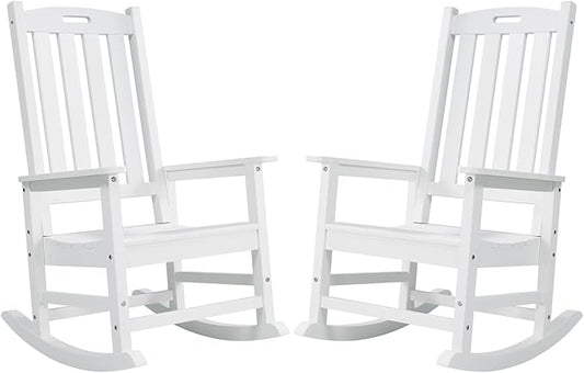 Psilvam Oversized Outdoor Rocking Chair Set of 2, Porch Rocker with 21" Wide Seat and 32" Tall Backrest, Pre-Assembled with Most Components for Effortless Installation (White)