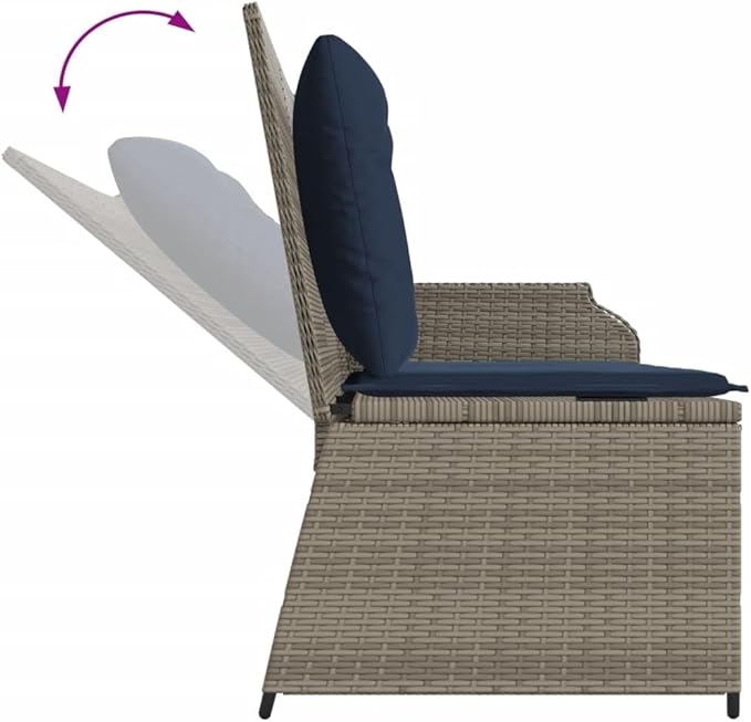 Outdoor Reclining Patio Bench, 2-Person PE Rattan Garden Seat with Adjustable Armrests and Removable Cushions, Grey All-Weather Furniture for Porch, Backyard, Balcony