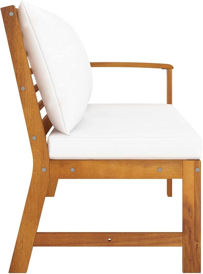 45.1" Acacia Wood Patio Bench with Cream Cushions Outdoor Sectional Furniture Set for Backyard Balcony Garden Seating - Photo 4