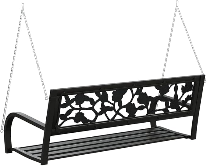 Garden Swing Bench Black Steel and Plastic Medium with Rose Pattern Backrest for Two Adults Outdoor Seating Comfortable and Durable