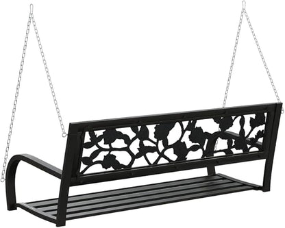 Garden Swing Bench Black Steel and Plastic Medium with Rose Pattern Backrest for Two Adults, Outdoor Seating for Patio Balcony, Durable Construction Easy Assembly