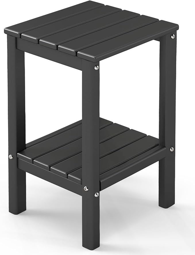GREENVINES Tall-Outdoor-Side-Table | 23.5" | HDPE Plastic | Patio Adirondack End Tables | All Weather | 2-Tier | Black | for Porch Garden Indoor & Rocking Chairs