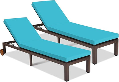 Tangkula Patio Chaise Lounge Chair, Outdoor Rattan Lounger Recliner Chair with Wheels, Wicker Chaise Chair W/Cushioned Seating, Recliner 5-Position Adjustable for Garden Patio Poolside (2, Turquoise)