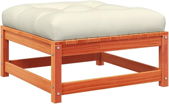 Solid Pine Wood Outdoor Patio Footstool with Removable Cushion, Wax Brown and Cream Color, 27.6 Inches - Photo 3