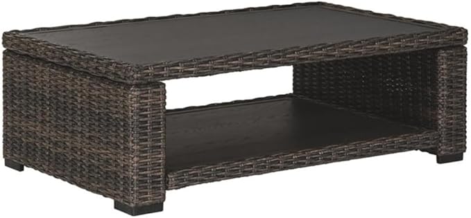 BOWERY HILL Patio Coffee Table, 48 in x 30 in x 16 in, Aluminum Frame with Resin Wicker Base, Brown Finish, Outdoor Coffee Table with Lower Shelf, Weather-Resistant for Patio or Garden Use