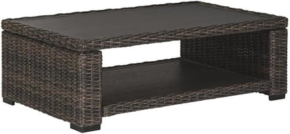 BOWERY HILL Patio Coffee Table, 48 in x 30 in x 16 in, Aluminum Frame with Resin Wicker Base, Brown Finish, Outdoor Coffee Table with Lower Shelf, Weather-Resistant for Patio or Garden Use