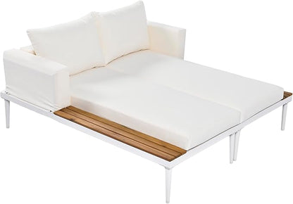 Modern Outdoor Patio Daybed with Wood Topped Side Spaces for Drinks, All Weather 2 in 1 Padded Chaise Lounges Reclining Chairs for Garden Balcony Poolside Deck (Beige-SD)