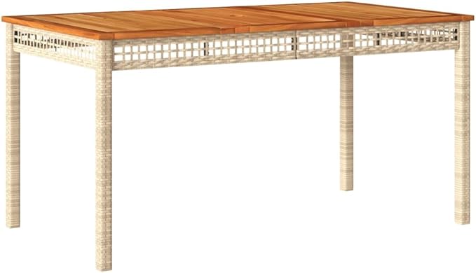 Beige Poly Rattan Rectangular Garden Table 55.1x31.5x29.5 in, Solid Acacia Wood Top for Outdoor Dining - Photo 3