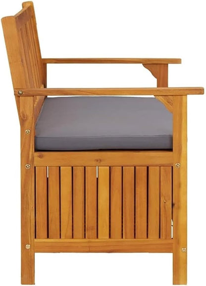 BOWERY HILL Solid Acacia Wood Storage Bench, 47.2 x 24.8 x 33.1 in, Natural Wood Finish, Dark Grey Cushion, Rectangular Outdoor/Indoor Seating and Storage for Garden, Hallway, or Balcony Use