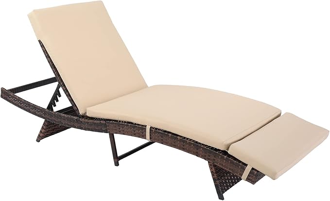 VINGLI Adjustable Patio Wicker Chaise Lounge Outdoor, Rattan Outdoor Lounge Chair, All Weather Patio Chaise Lounge with Adjustable Backrest and Soft Cushions (Brown)