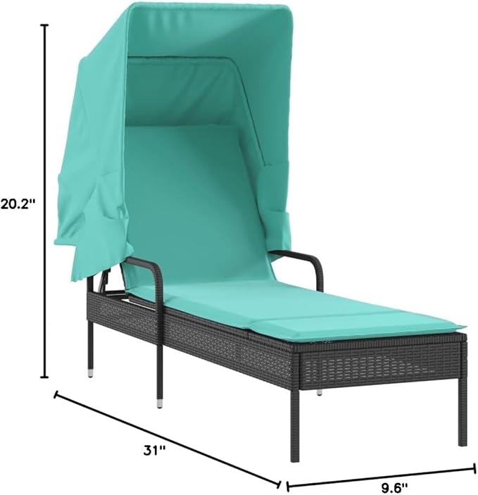 Outdoor Chaise Lounge Chair with Retractable Canopy & Tea Table, 52" Seat Depth All-Weather Poly Rattan Sun Lounger 31x9.6x20.2 in, Black Patio Recliner for Garden Balcony Poolside