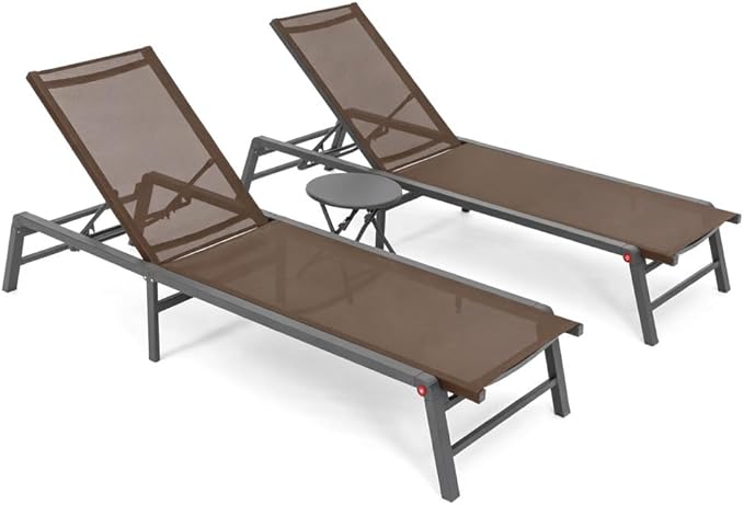 Aluminum Chaise Lounge Outdoor, Foldable & Assemble-Free Lounge Chair Outdoor 2 Sets with Foldable Table, Lounge Chair with 5 Adjustable Backrest, Poolside, Beach, Pool, Brown