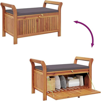 Garden Storage Bench with Cushion, Dark Grey Brown, Solid Acacia Wood, Durable Weather-Resistant, Ample Seating and Storage Space, Modern Design for Patio Balcony