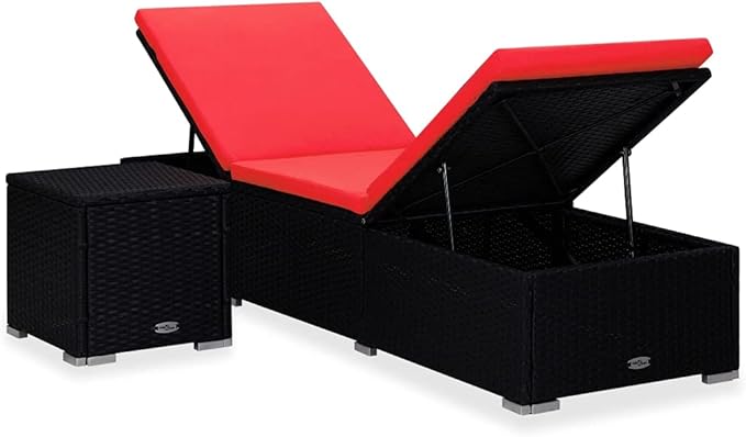 Sun Lounger with Cushion and Tea Table Poly Rattan Red Beach Chair Patio Chaise Lounge for Yard Balcony - Photo 2
