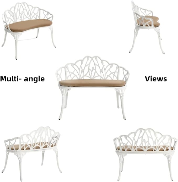 Patio Aluminum Outdoor Bench, Garden Metal Loveseat Furniture with Soft Cushion, Leaf Carving Antique White Front Porch Chair Seat