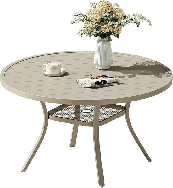 VICLLAX Round Patio Dining Table for 4-6, Outdoor Metal Dining Table with Umbrella Hole for Deck Lawn Garden Backyard - Photo 1