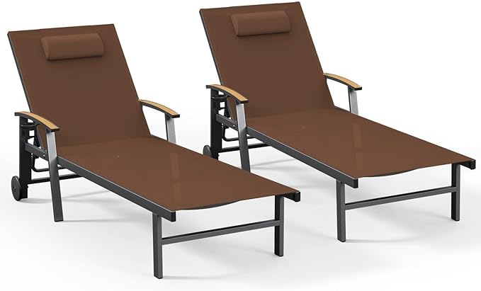 Ciokea Outdoor Lounge Chair with Pillow Set of 2, 5-Position Aluminum Chaise Lounge with Wheels & Armrests - Photo 1