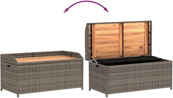 Outdoor Storage Bench with Seat 39.4 Inch, Gray PE Rattan & Acacia Wood Garden Bench with Waterproof Bag, Patio Furniture for Cushions, Pool Towels, Max Load 242.5lb, UV Resistant