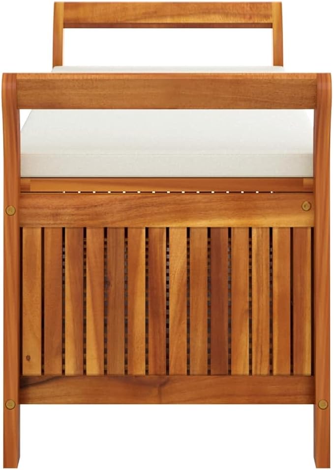 Outdoor Storage Bench with Cushion, Solid Acacia Wood Garden Seating for Patio, Deck, and Backyard, 2-Seater Wooden Storage Box, Cream White