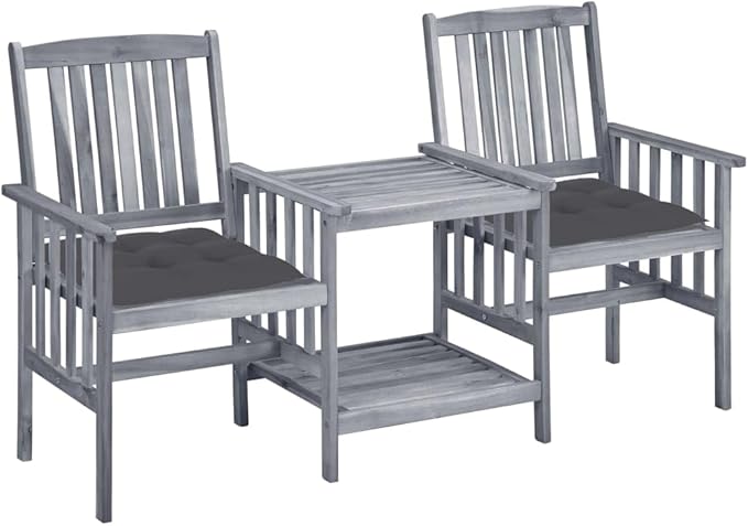 vidaXL Patio Bistro Set - Solid Acacia Wood - Gray - Double Chair with Table and Cushions - Garden/Patio - 62.6" x 24" x 36.2"