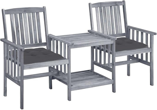 vidaXL Patio Bistro Set - Solid Acacia Wood - Gray - Double Chair with Table and Cushions - Garden/Patio - 62.6" x 24" x 36.2"