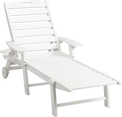 Outdoor Pool Chaise Lounge Chair, HDPE 5-Position Patio Lounge Chair with Wheels & Cup Holder for Pool Poolside Deck Backyard (White)