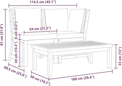 Dark Grey Solid Acacia Wood Modular Garden Lounge Set 3-Piece with Corner Sofa Middle Sofa and Coffee Table for Outdoor Patio Balcony Relaxation Durable Weather Resistant