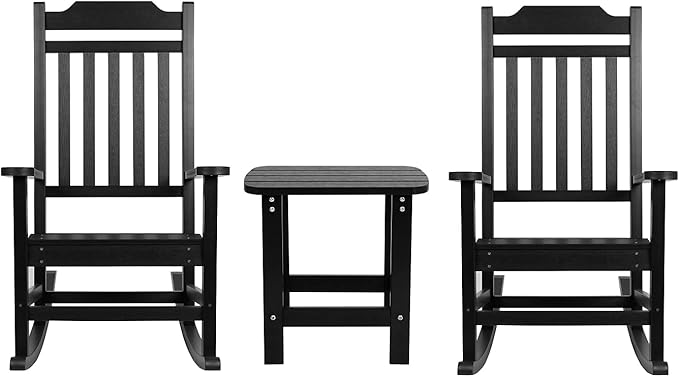 Flash Furniture Winston Set of 2 Rocking Chairs with Side Table - Black Poly Resin - Weather Resistant - Photo 1