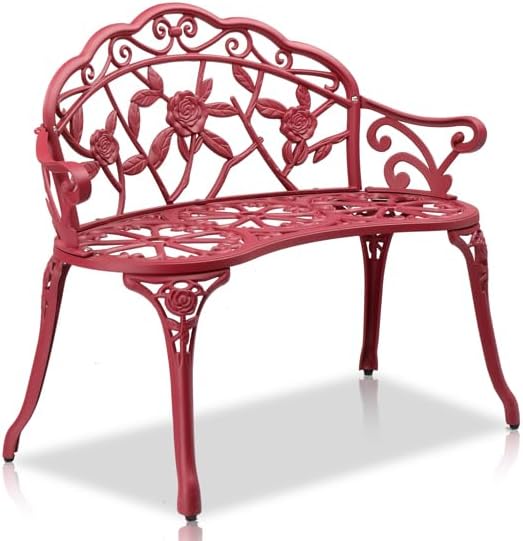 Red Patio Outdoor Park Loveseat Floral Bench for Garden Porch Deck Lawn Porch Path Yard Decor Made Cast Iron Anti-Rust Aluminum Metal, 2-3 Seater (Red Rose)