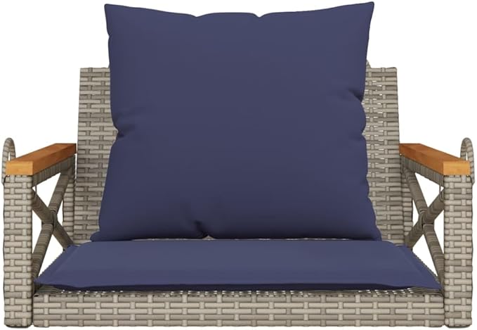 Patio Swing Bench Gray PE Rattan Single Detachable with Navy Cushions for Outdoor Chilling Garden Balcony Modern Design Comfortable Support
