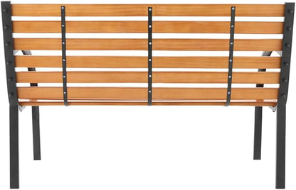 Outdoor Wood Garden Bench with Steel Legs, 48" Garden Wooden Bench,2-Person Slatted Bench,Deck Hardwood Cast Iron Chair for Patio Front Porch Path Yard Lawn