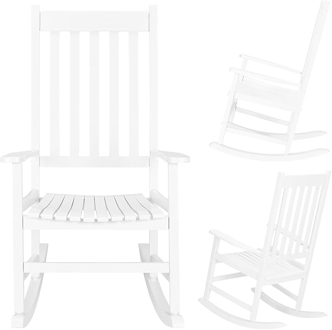 Outdoor Rocking Chairs Set of 2,Wood Porch Rocker for Adult,High Back Leisure Chair for Garden, Porch, Backyard, Poolside,250 Lb Heavy Duty Lounge Chair,Mecedora De Exterior,White 2 Pcs