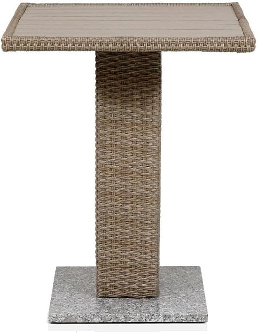 Pemberly Row Outdoor Patio Bistro Table, Natural PE Wicker/Rattan with Granite Base, Weather Resistant, 23.62 in Square, 29.13 in Height, Transitional Style Dining Table for Balcony, Deck or Patio Use