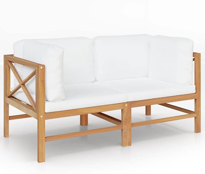 2-Seater Outdoor Bench with Cream Cushions, Solid Teak Wood Garden Seat, Modern Patio Furniture - Photo 1